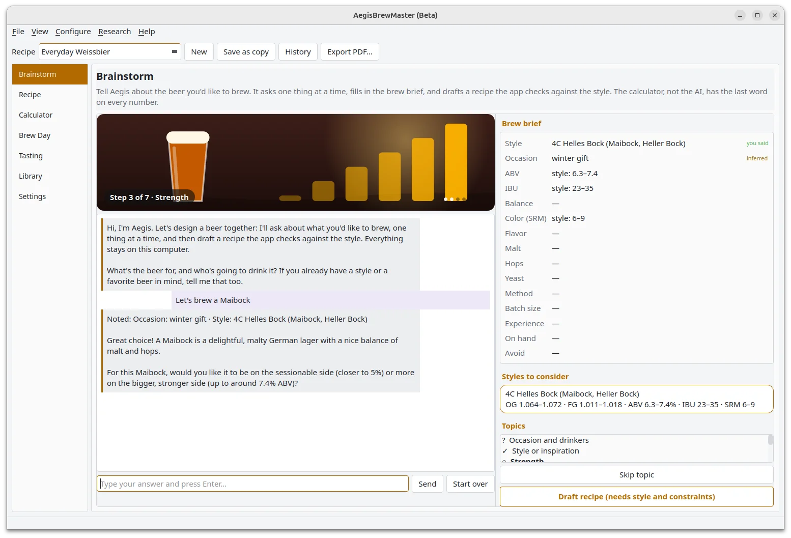 Aegis BrewMaster brainstorm: a chat about a Maibock beside the brew brief and matching styles
