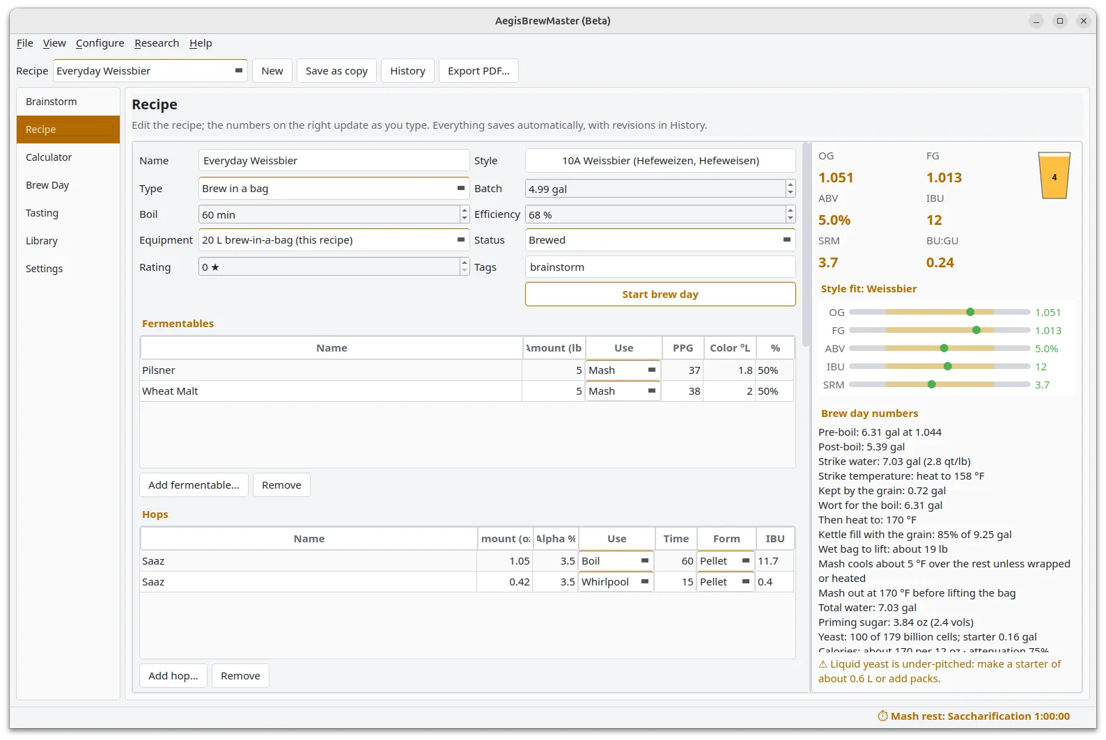 Aegis BrewMaster recipe editor with OG, FG, ABV, IBU and SRM checked against the Weissbier style