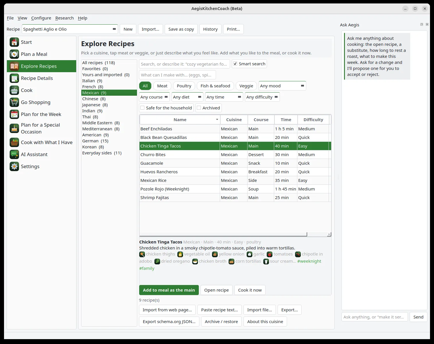 Aegis Kitchen Coach recipe library filtered to Mexican dishes, with smart search and filters by course, diet and time